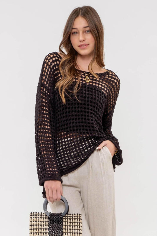 Black Crochet Pullover Sweater - Strawberry Moon Boutique