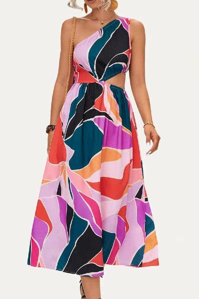 Abstract One Shoulder Midi Dress - Strawberry Moon Boutique