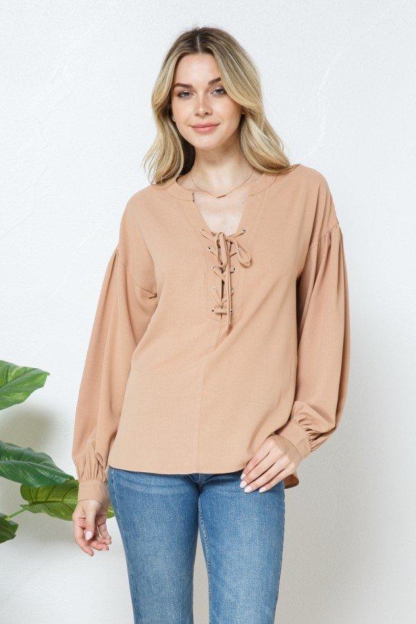 Almond Lace-Up Peasant Blouse - Strawberry Moon Boutique