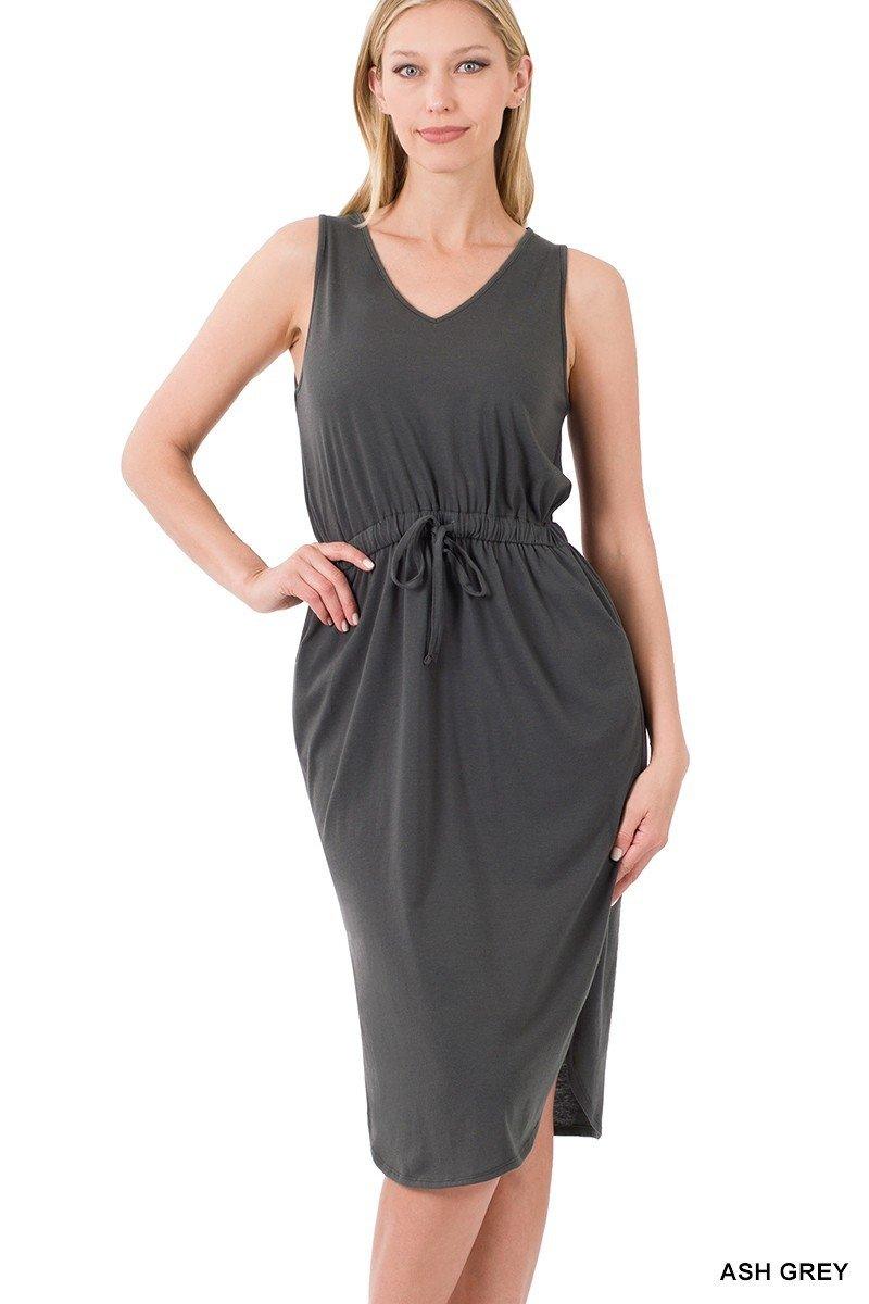 Ash Grey Curved Hem Midi Dress with Pockets - Strawberry Moon Boutique