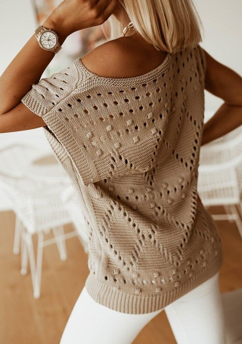 Beige Pointelle Knit Top - Strawberry Moon Boutique