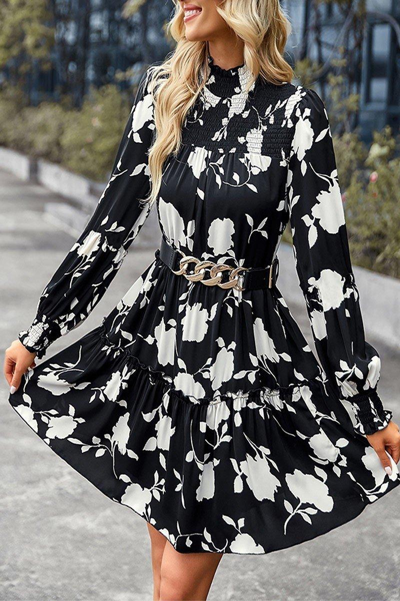 Black & White Floral Print Smocked Mock Neck Dress - Strawberry Moon Boutique