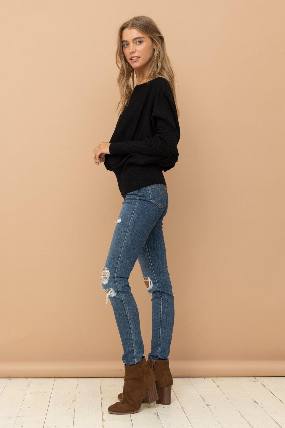 Black Boat Neck Sweater - Strawberry Moon Boutique