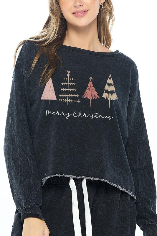 Black Christmas Tree Short Sweatshirt Top - Strawberry Moon Boutique