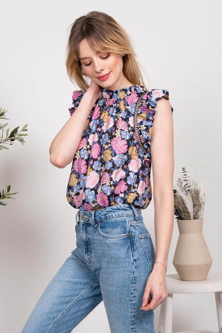 Black Floral Ruffle Sleeve Top - Strawberry Moon Boutique