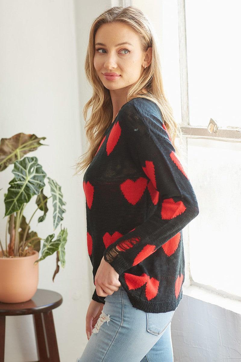 Black Heart Sweater with Distressed Detail - Strawberry Moon Boutique