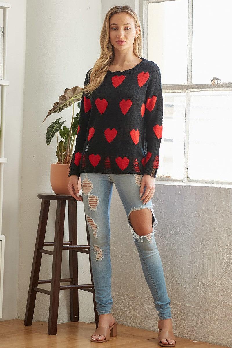 Black Heart Sweater with Distressed Detail - Strawberry Moon Boutique