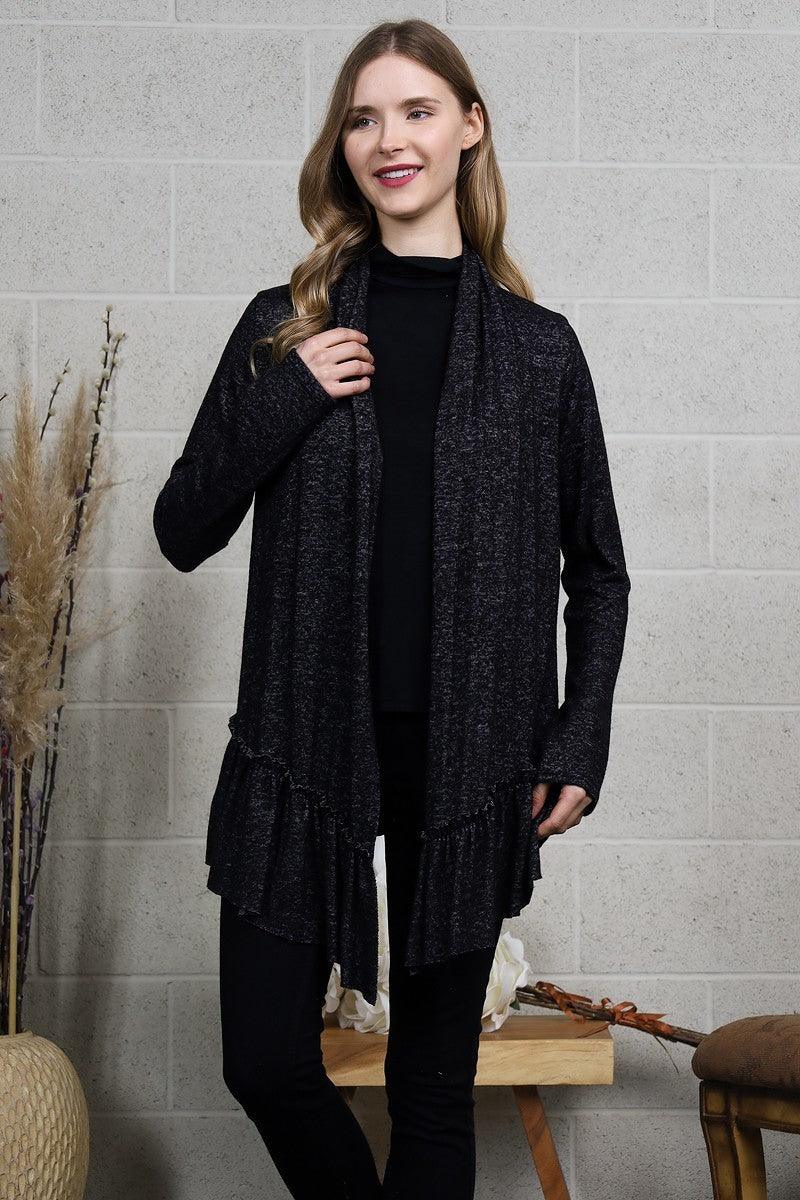 Black Heather Knit Cardigan with Flounced Hem - Strawberry Moon Boutique