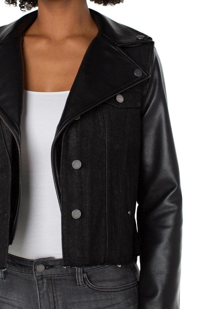 Black Hybrid Faux Leather Denim Moto Jacket - Strawberry Moon Boutique