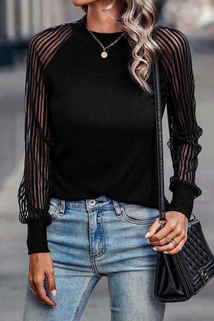 Black Mesh Striped Top - Strawberry Moon Boutique