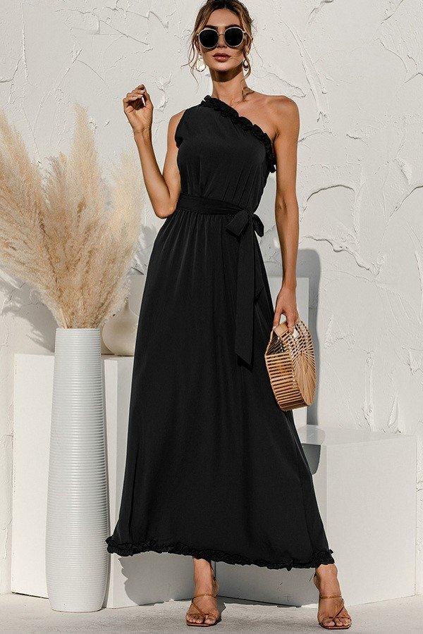Black One-Shoulder Ruffled Maxi Dress - Strawberry Moon Boutique