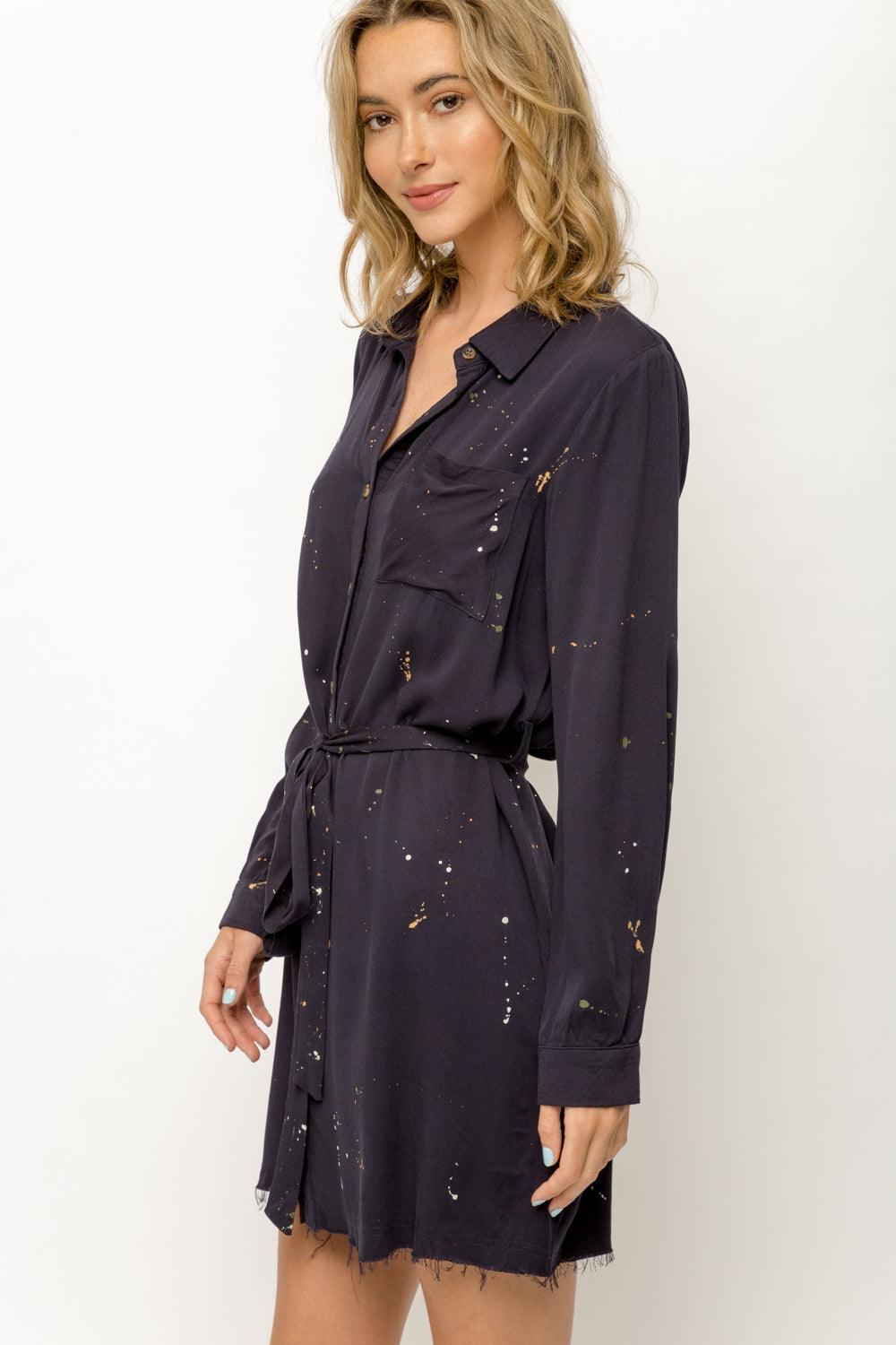 Black Paint Splash Shirt Dress with Fray Detail - Strawberry Moon Boutique