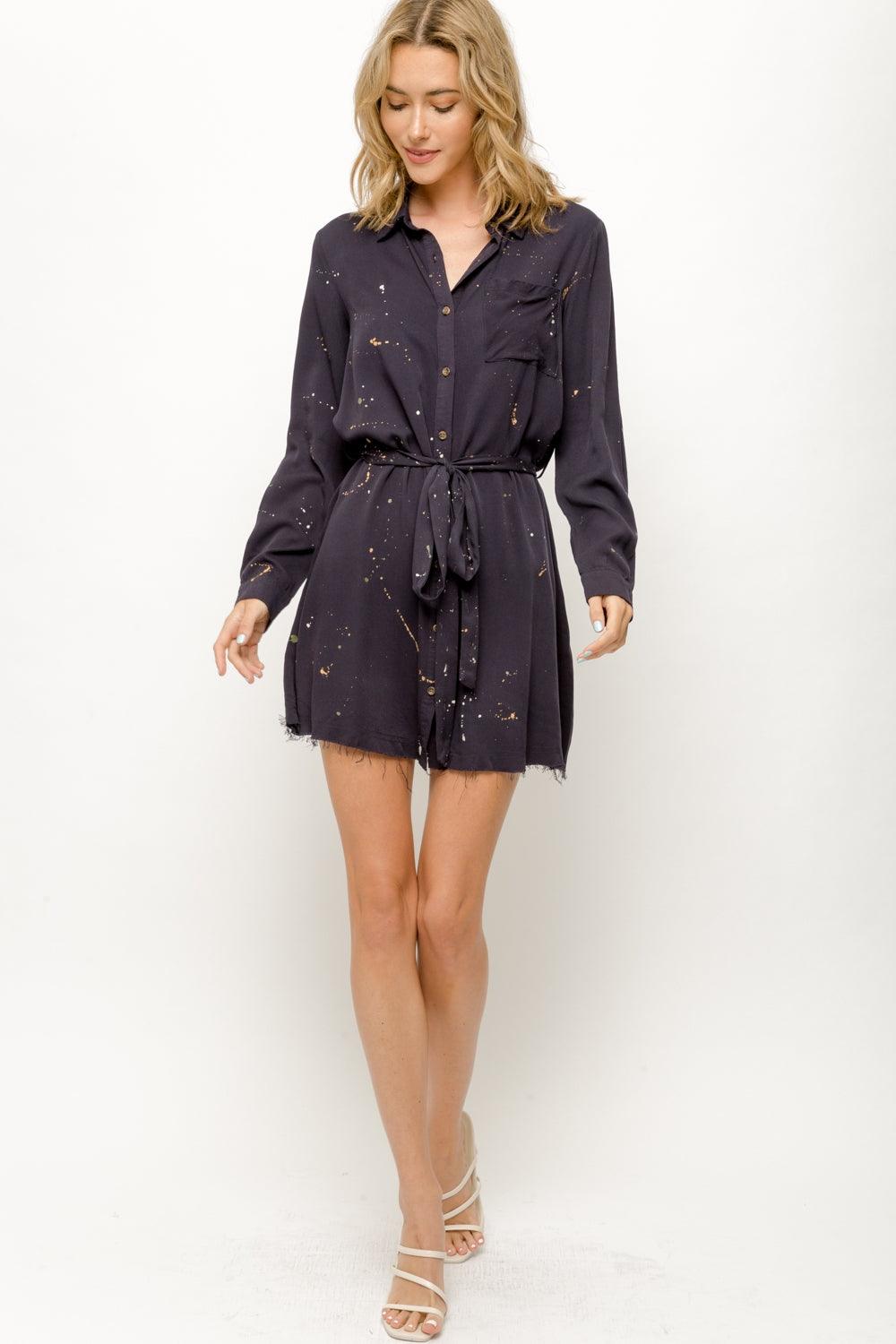 Black Paint Splash Shirt Dress with Fray Detail - Strawberry Moon Boutique