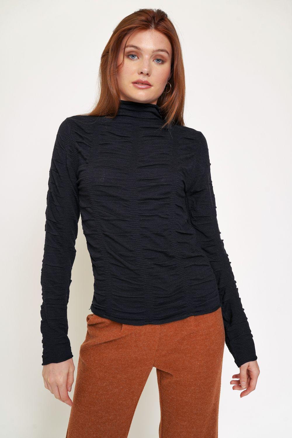 Black Ruched Mock Neck Pullover Top - Strawberry Moon Boutique