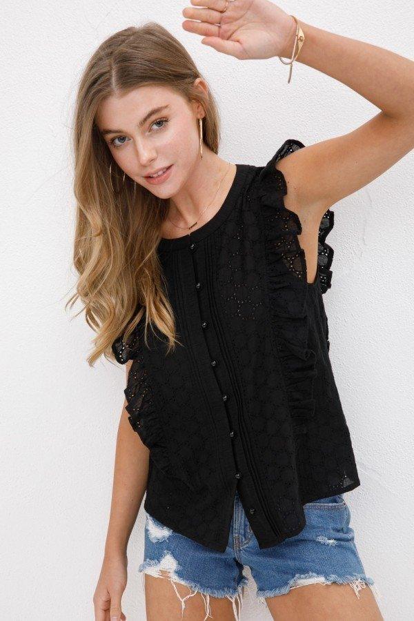 Black Ruffled Button Eyelet Top - Strawberry Moon Boutique