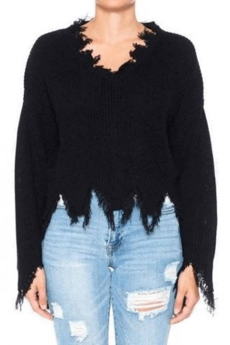Black Semi-Cropped Destructed Sweater - Strawberry Moon Boutique