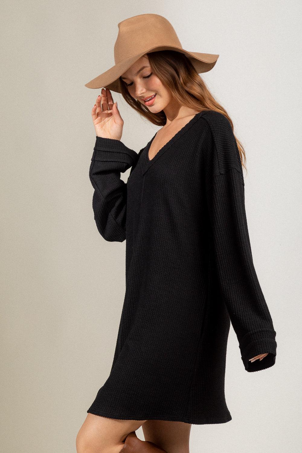 Black Textured Knit Dress with Pockets - Strawberry Moon Boutique