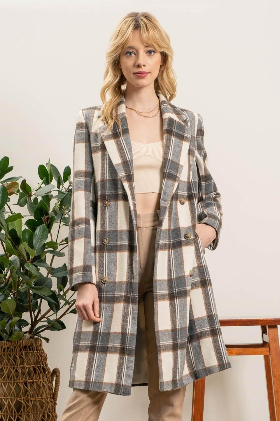 Brown/Cream Plaid Double Breasted Notched Collar Jacket - Strawberry Moon Boutique