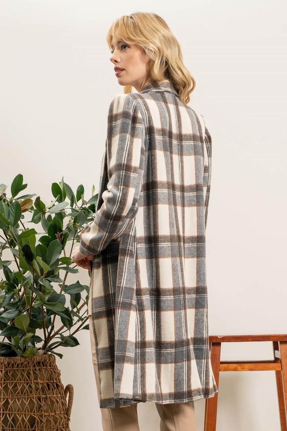 Brown/Cream Plaid Double Breasted Notched Collar Jacket - Strawberry Moon Boutique