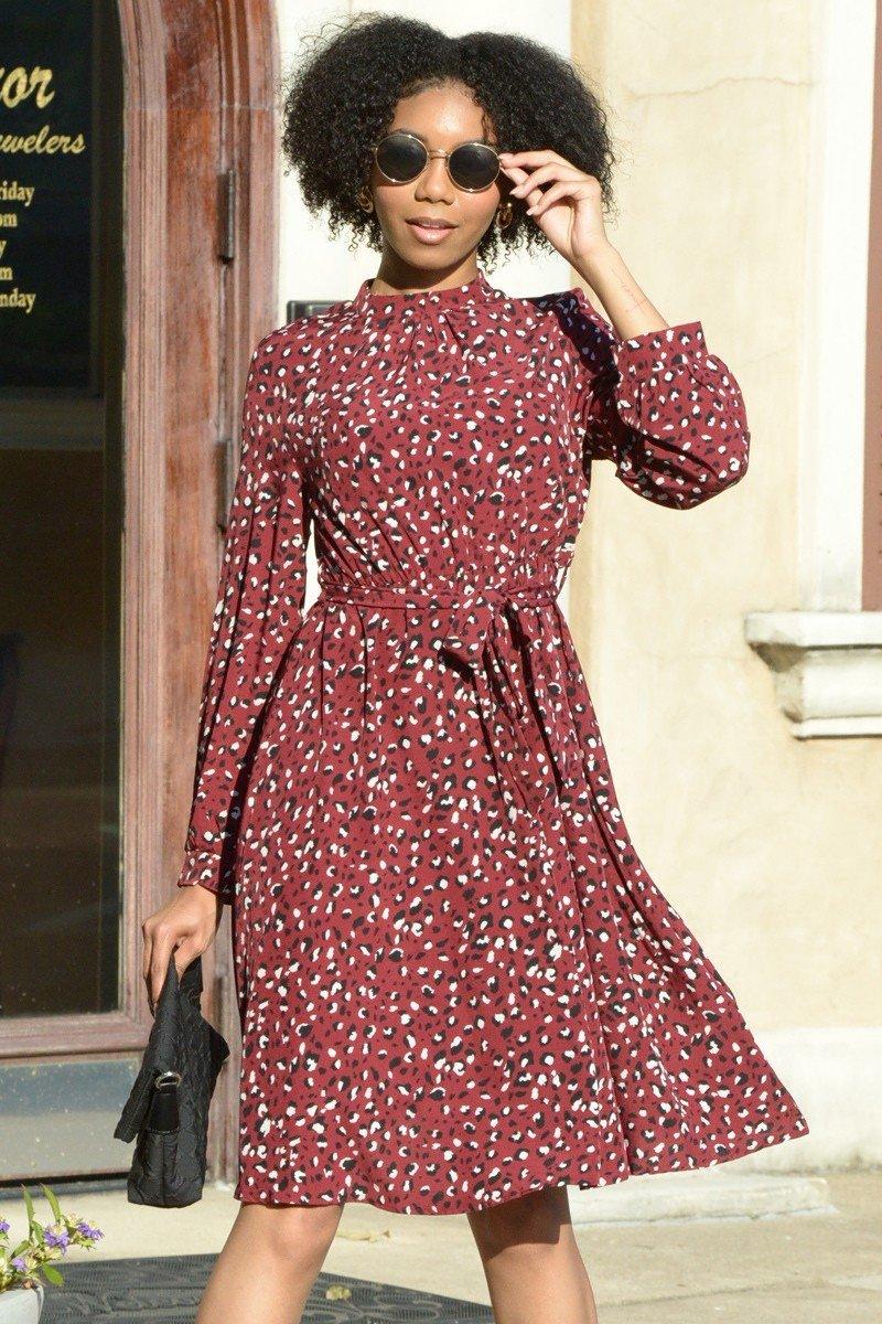 Burgundy Leopard Print Long Sleeve Dress - Strawberry Moon Boutique