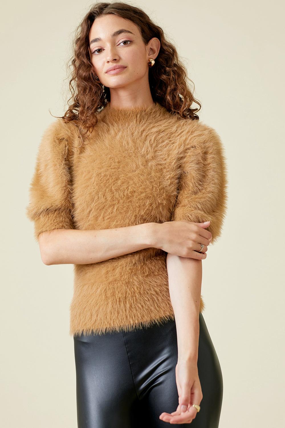 Camel Fur Puff Sleeve Sweater Top - Strawberry Moon Boutique