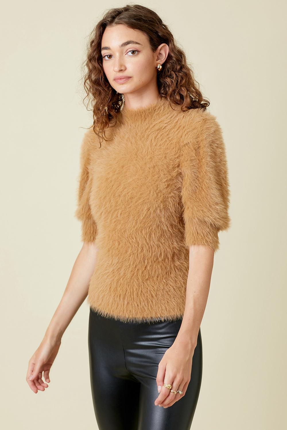 Camel Fur Puff Sleeve Sweater Top - Strawberry Moon Boutique