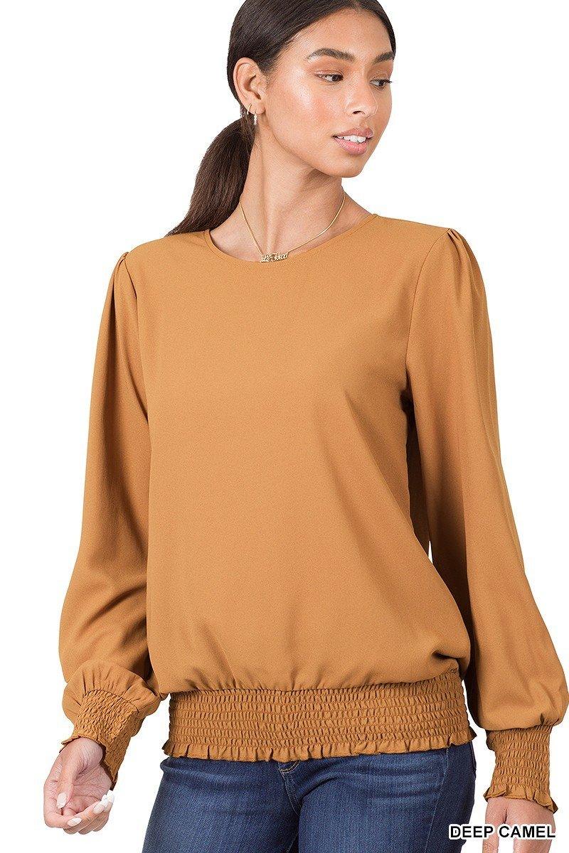 Camel Puff Sleeve Top with Smocked Cuffs - Strawberry Moon Boutique