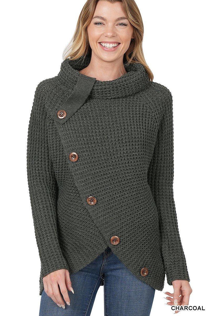 Charcoal Button Wrap Asymmetrical Hem Sweater - Strawberry Moon Boutique