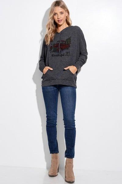 Charcoal Christmas Truck Hoodie Top - Strawberry Moon Boutique