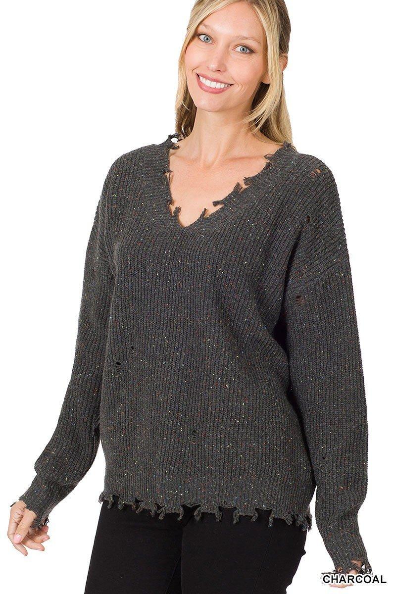 Charcoal Frayed Distressed Sweater - Strawberry Moon Boutique