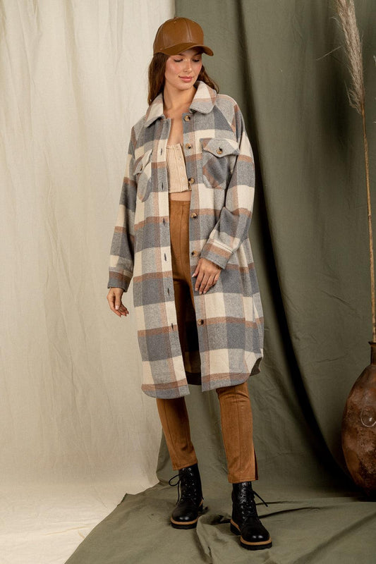 Charcoal Mix Long Plaid Shacket - Strawberry Moon Boutique