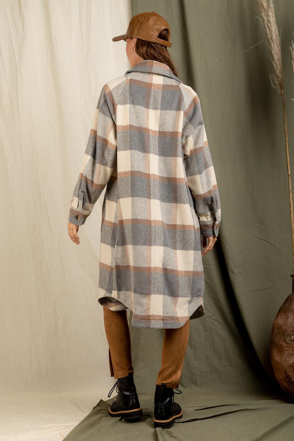 Charcoal Mix Long Plaid Shacket - Strawberry Moon Boutique