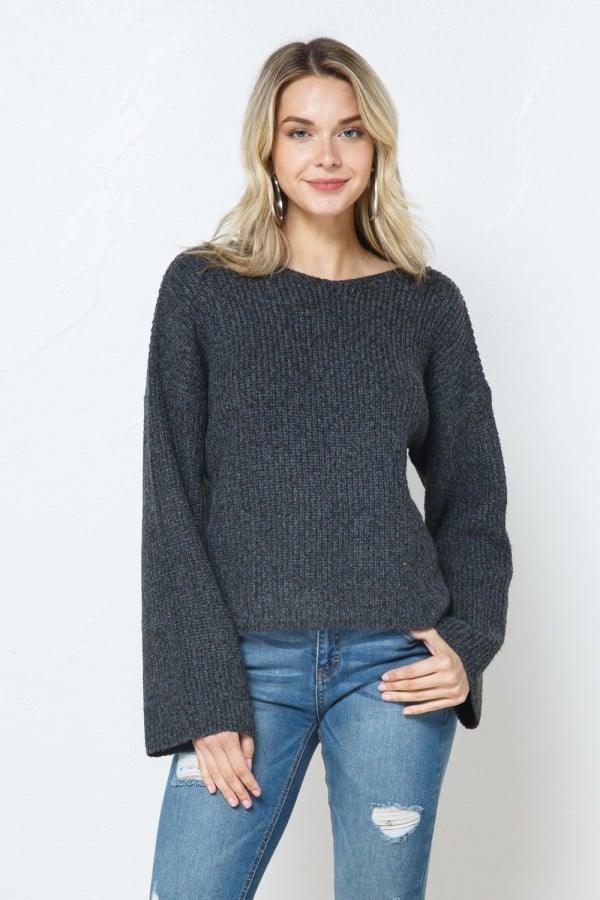 Charcoal Open Back Lace Up Sweater - Strawberry Moon Boutique