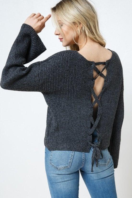 Charcoal Open Back Lace Up Sweater - Strawberry Moon Boutique