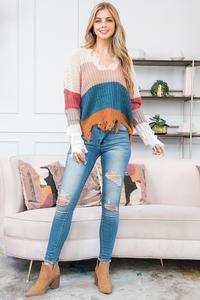Color Block Distressed Sweater - Strawberry Moon Boutique
