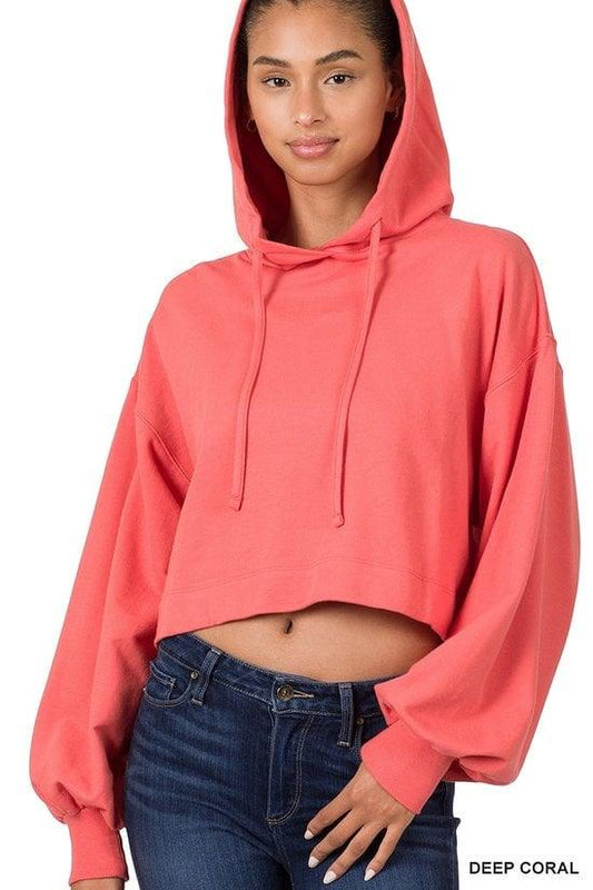 Coral French Terry Cropped Hoodie - Strawberry Moon Boutique