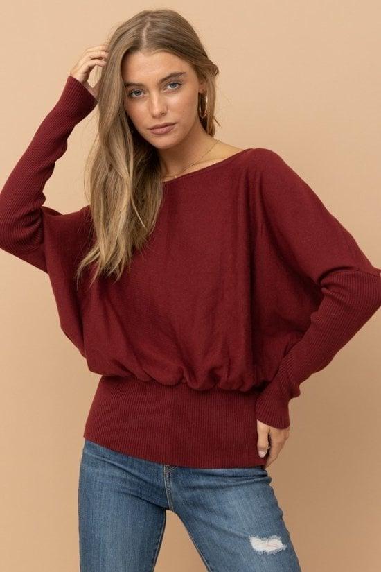 Cranberry Boat Neck Sweater - Strawberry Moon Boutique