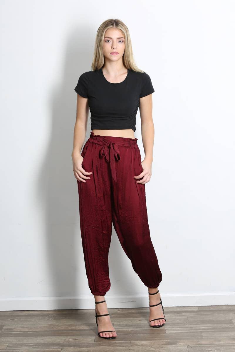 Dark Red Satin Joggers - Strawberry Moon Boutique