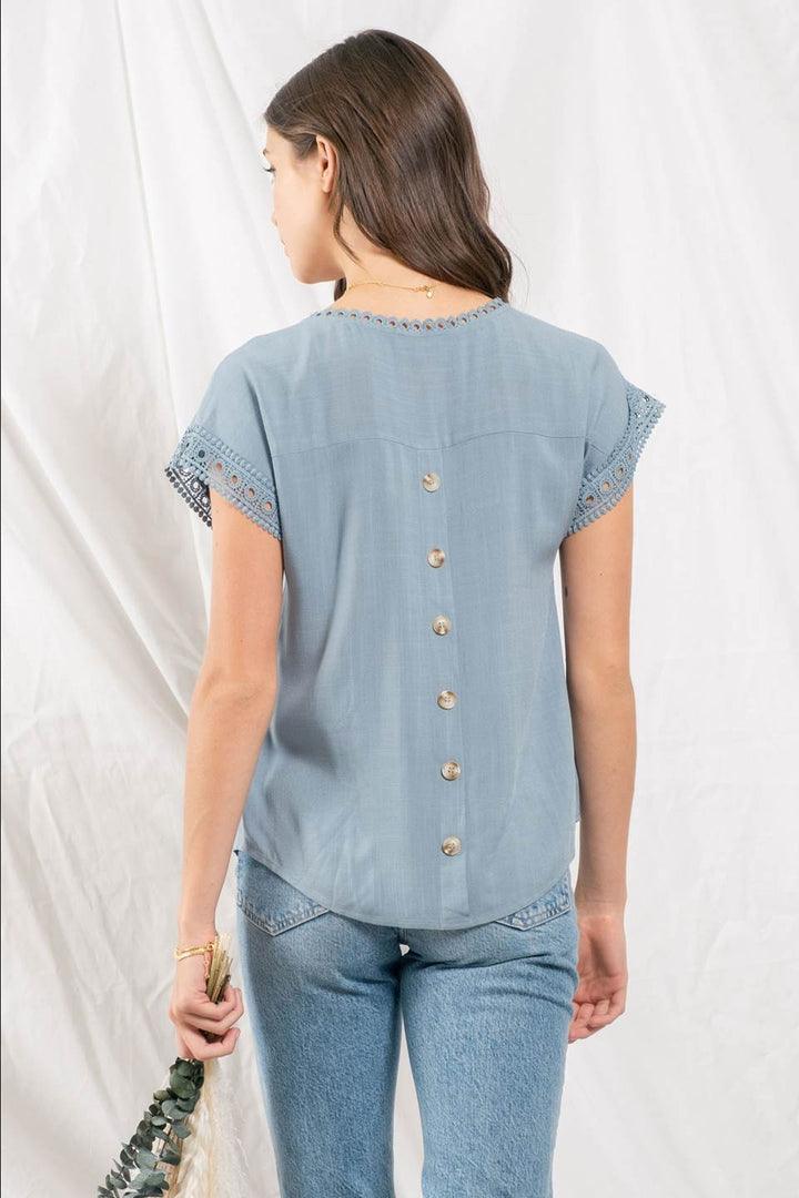 Dusty Blue Lace Trimmed Top - Strawberry Moon Boutique