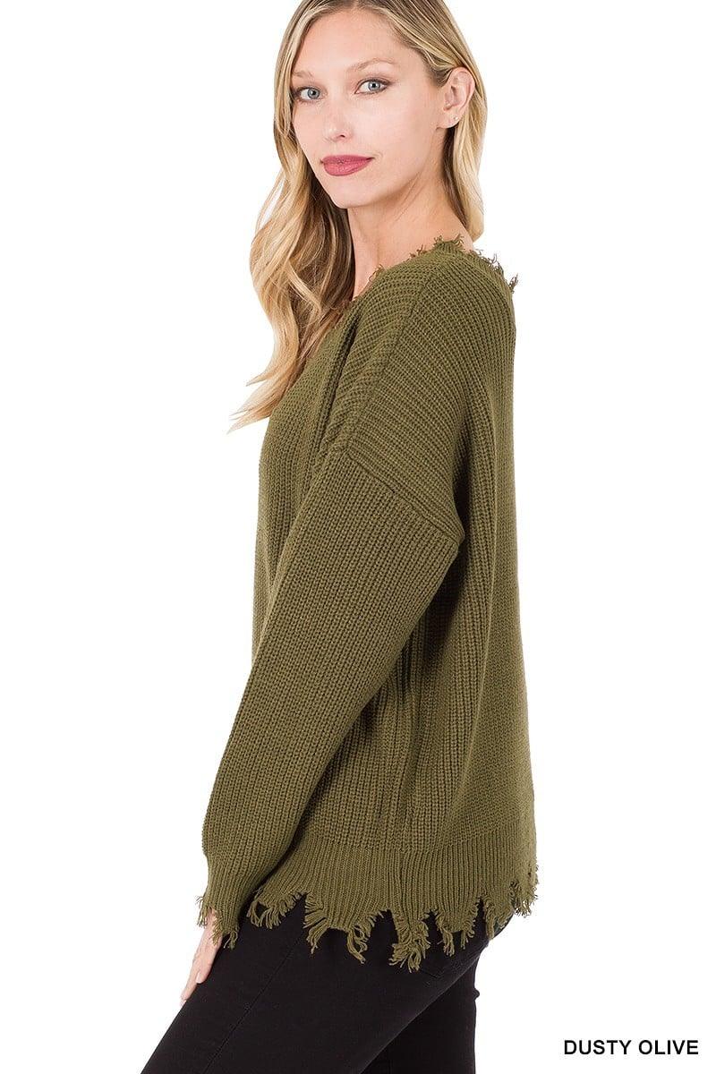 Dusty Olive Distressed Sweater - Strawberry Moon Boutique
