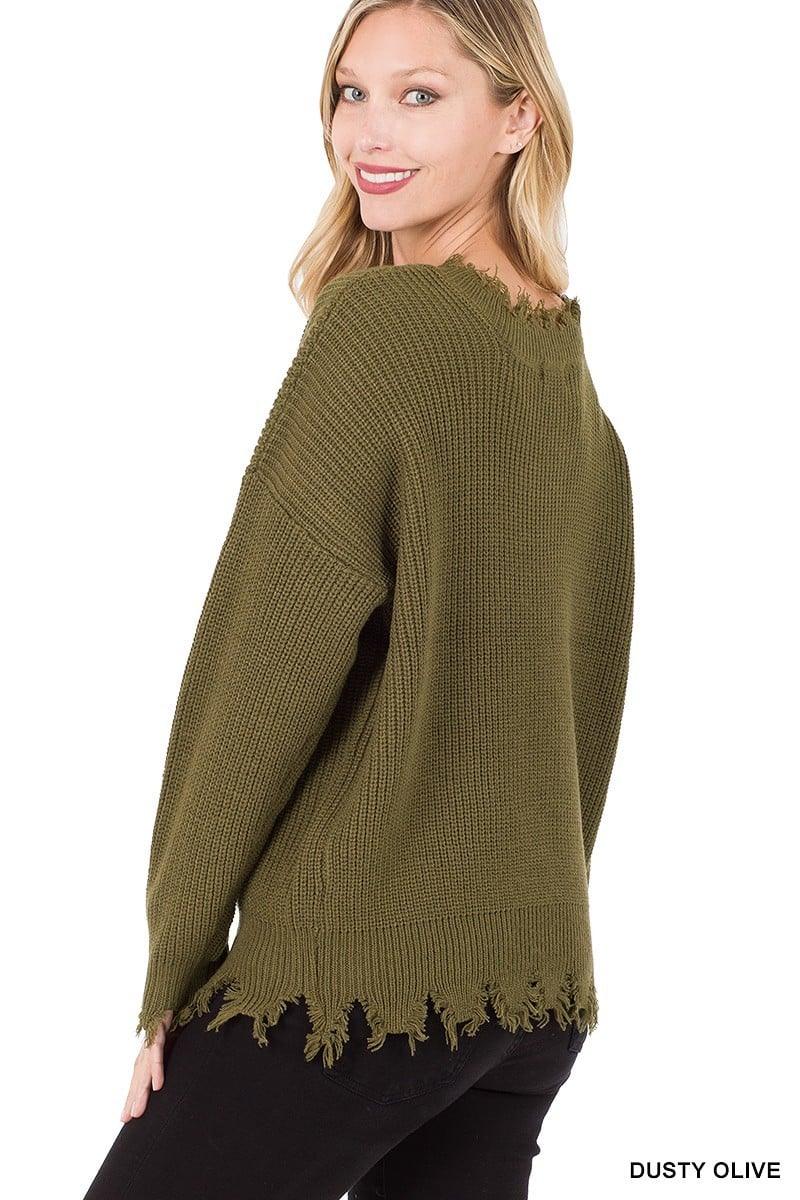 Dusty Olive Distressed Sweater - Strawberry Moon Boutique