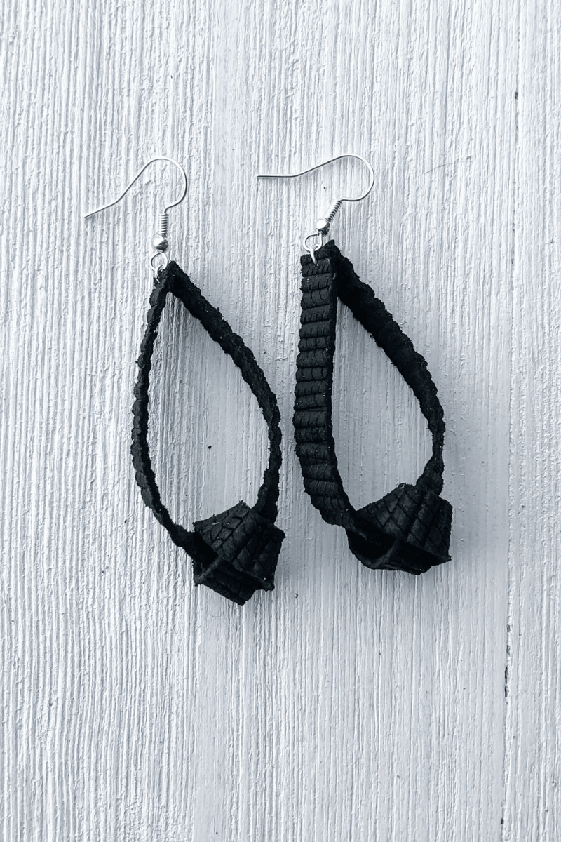 Feather Leather Black Knotted Earrings - Strawberry Moon Boutique