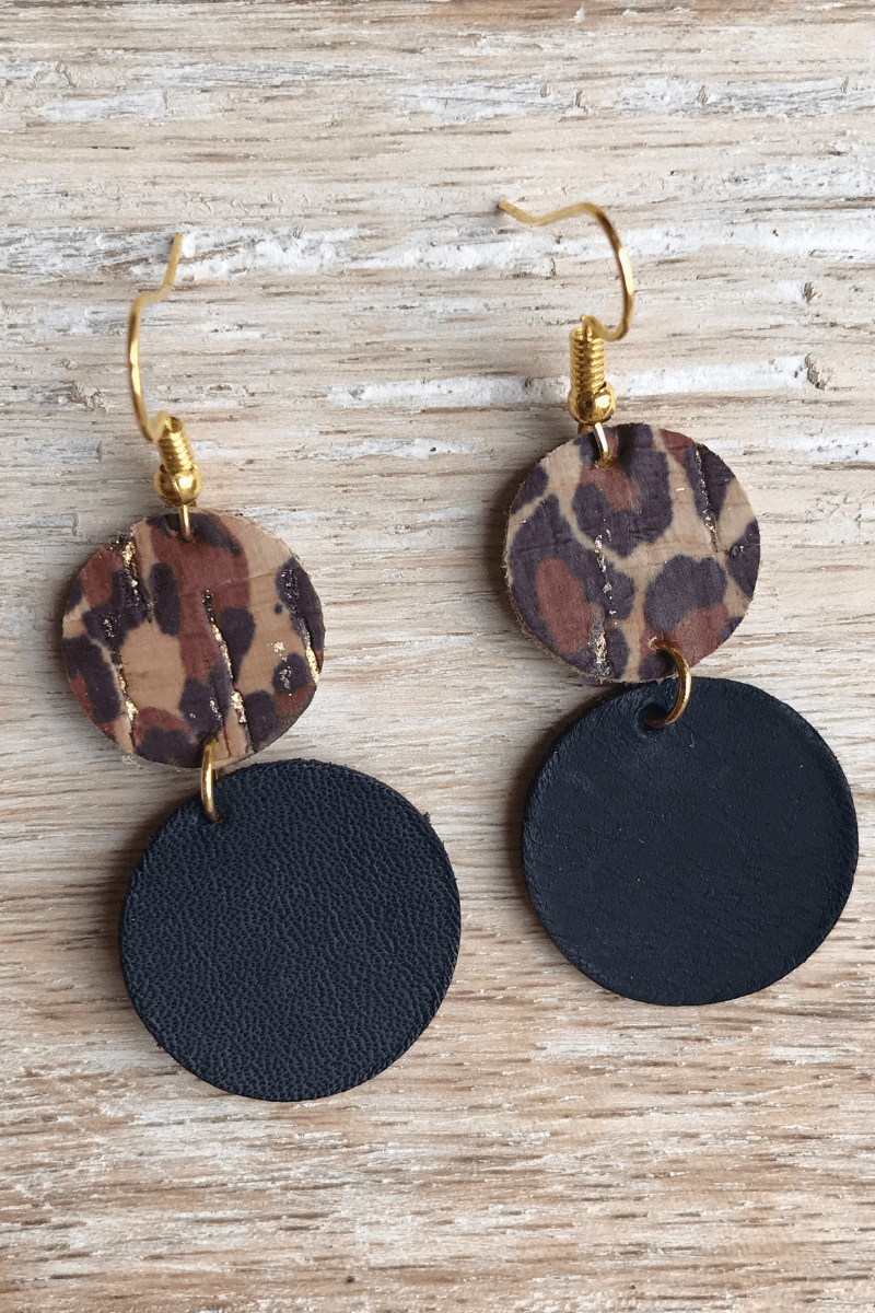 Feather Leather Black Leopard & Leather Earrings - Strawberry Moon Boutique
