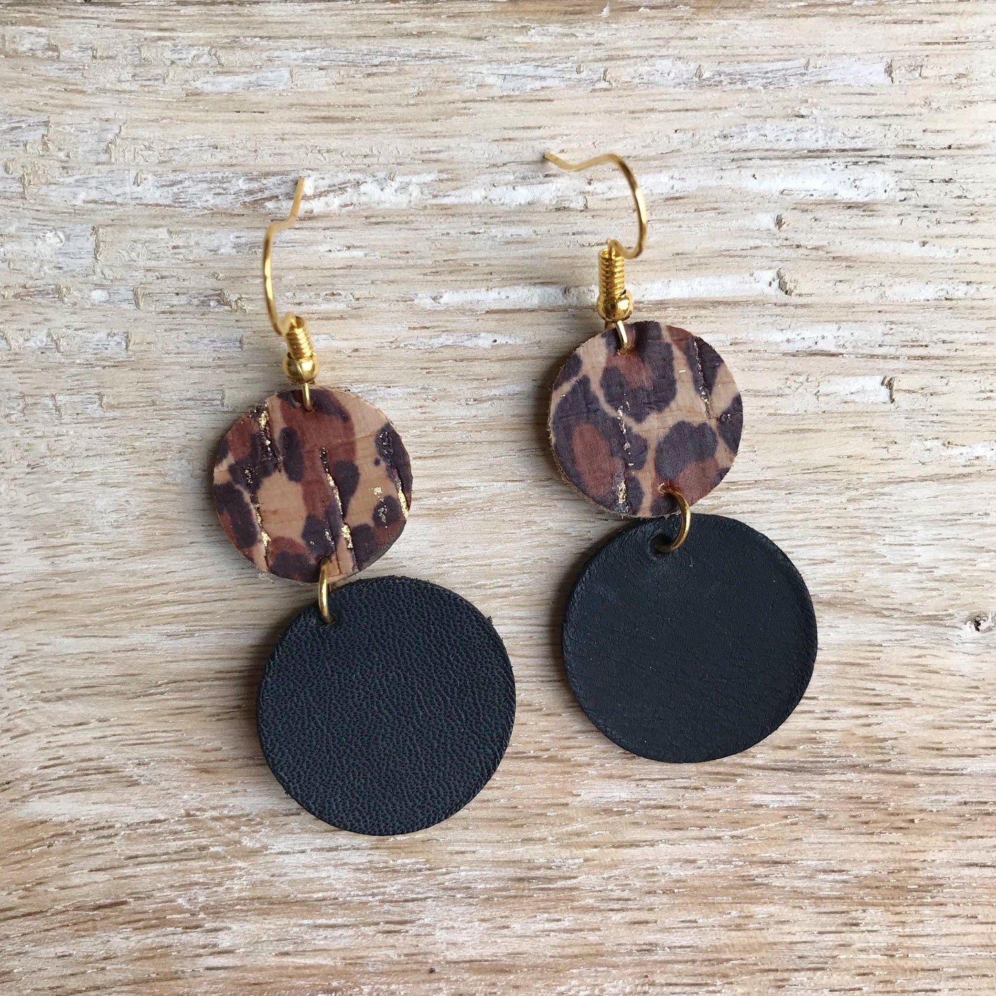 Feather Leather Black Leopard & Leather Earrings - Strawberry Moon Boutique