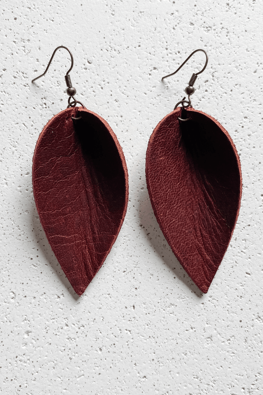 Feather Leather Cranberry Folded Tulip Leather Earrings - Strawberry Moon Boutique