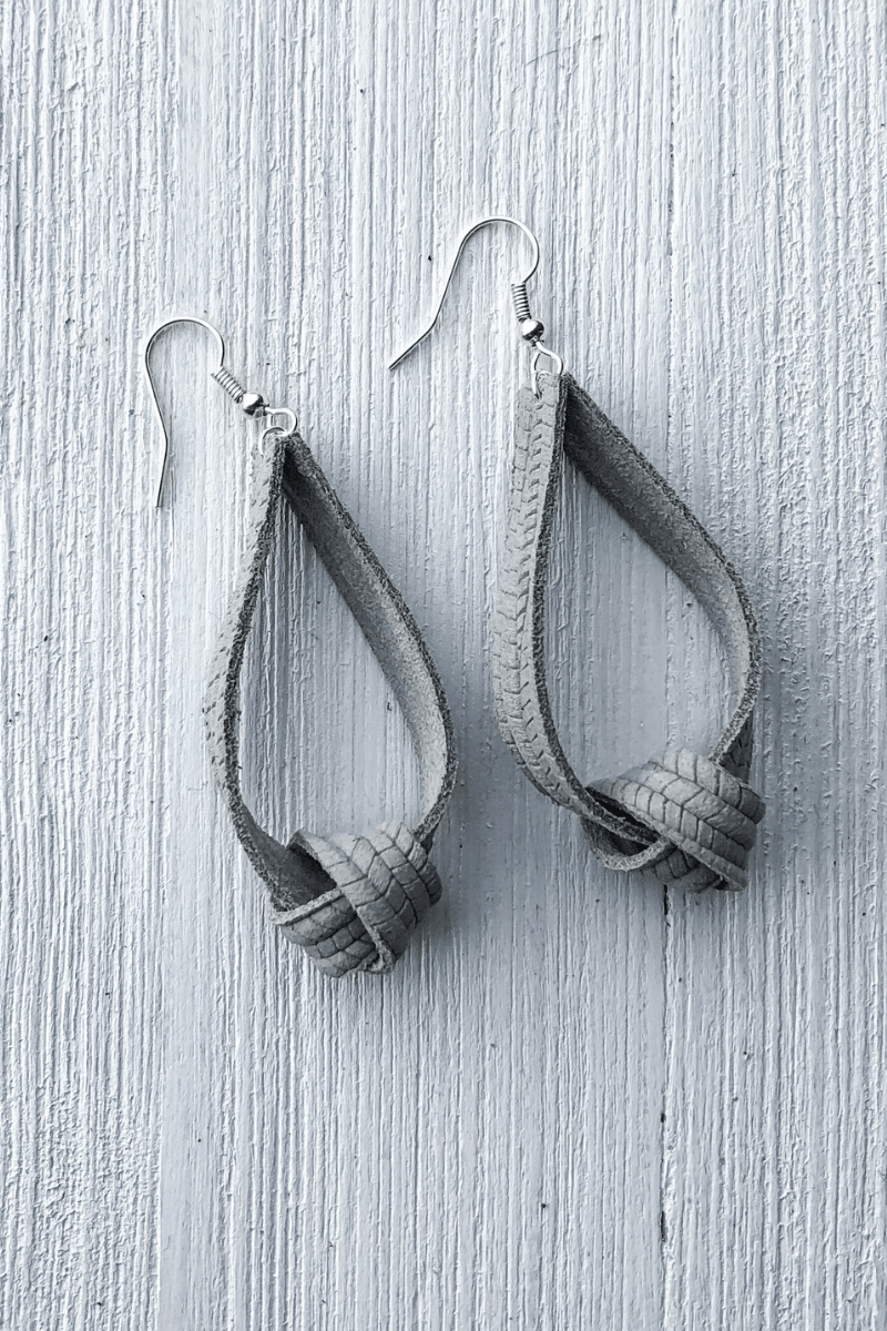 Feather Leather Grey Knotted Earrings - Strawberry Moon Boutique