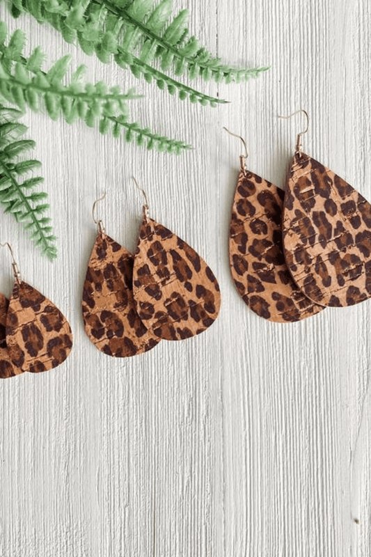 Feather Leather Leopard Large (2") Cork Earrings - Strawberry Moon Boutique