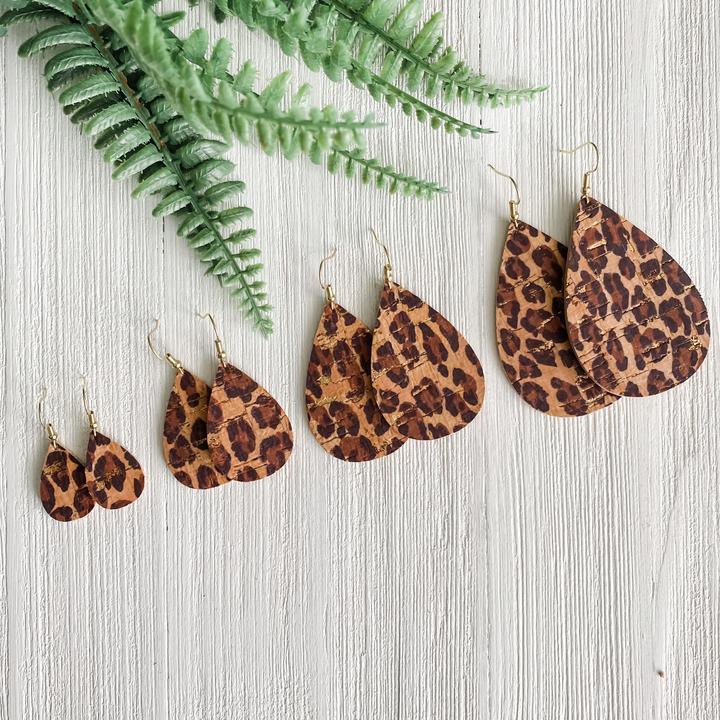 Feather Leather Leopard Large (2") Cork Earrings - Strawberry Moon Boutique
