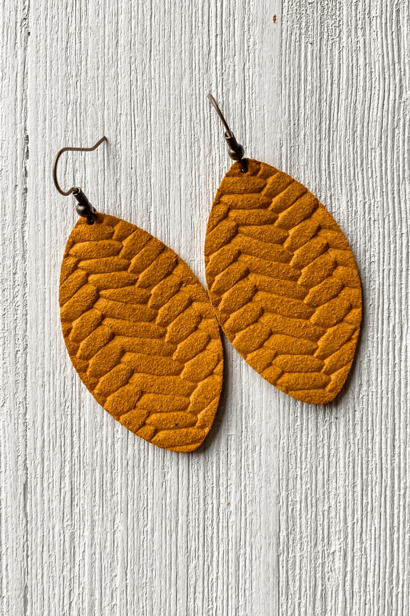 Feather Leather Mustard Braided Earrings - Strawberry Moon Boutique