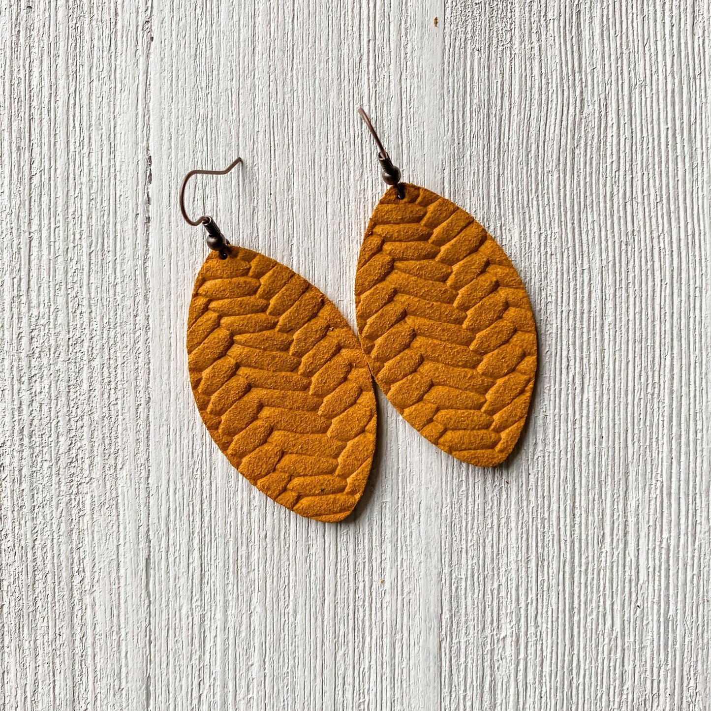 Feather Leather Mustard Braided Earrings - Strawberry Moon Boutique